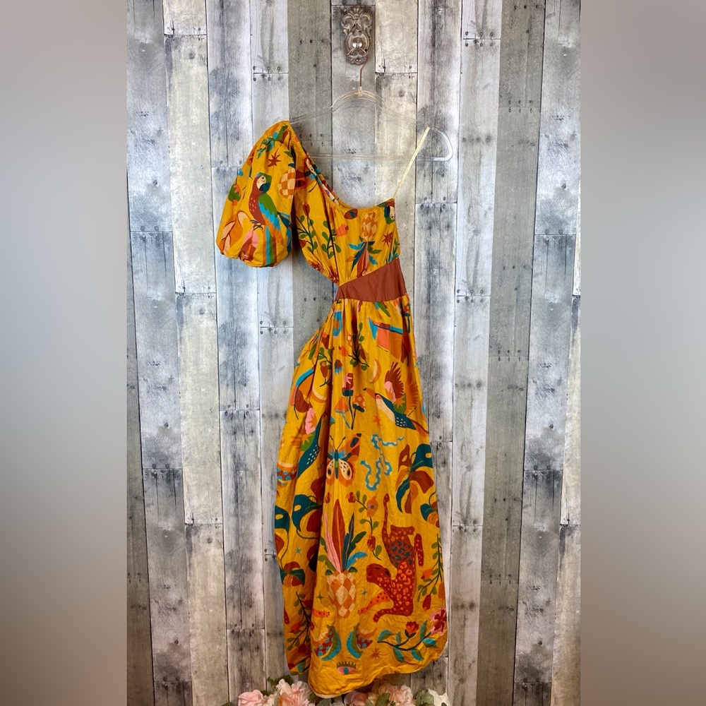 FARM Rio One Shoulder Maxi Dress in Gold Size Small. - Picture 2 of 16